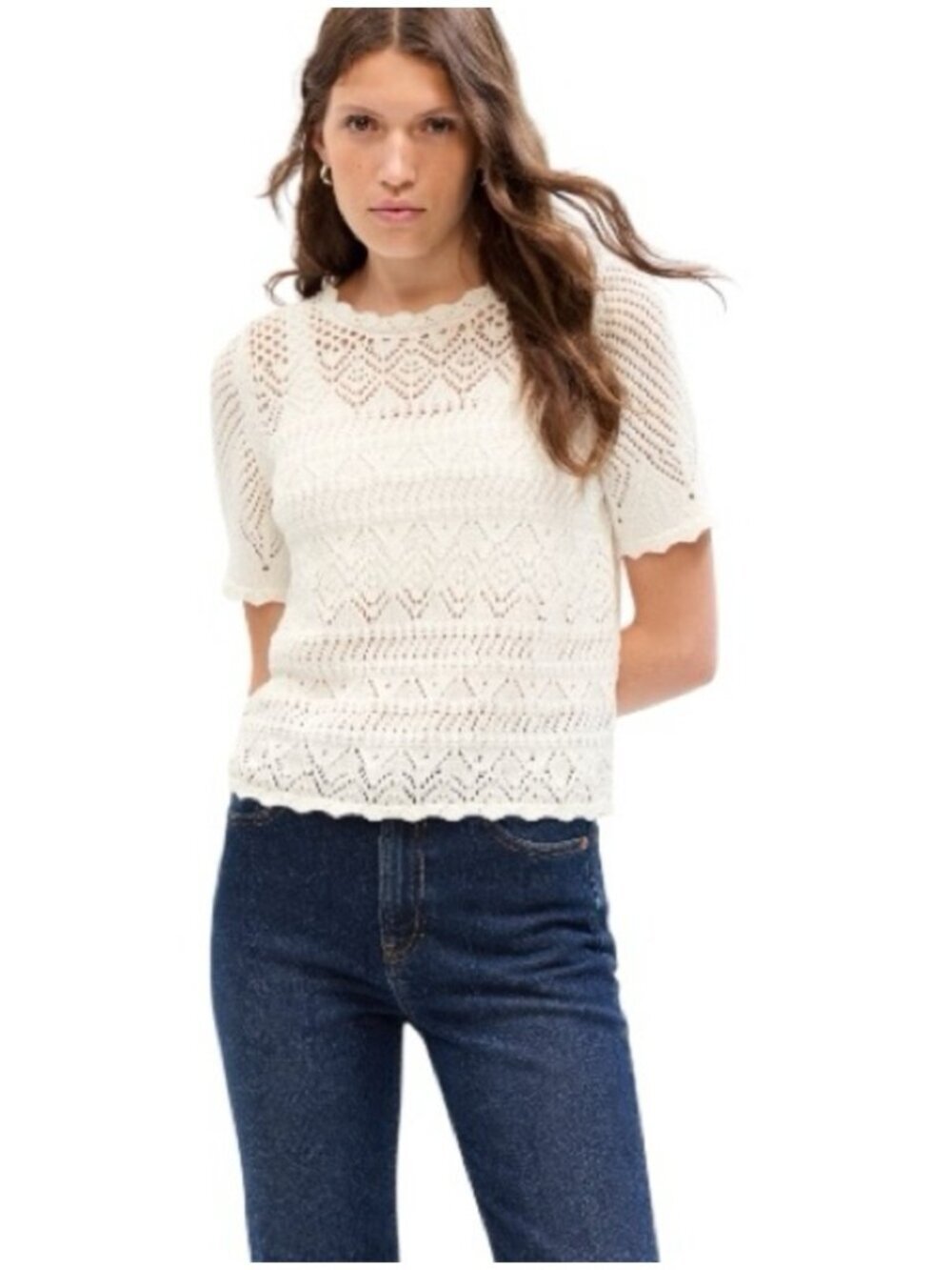 Gap Crochet Knit Top White 70s Style Short Sleeve Crewneck Women’s Medium